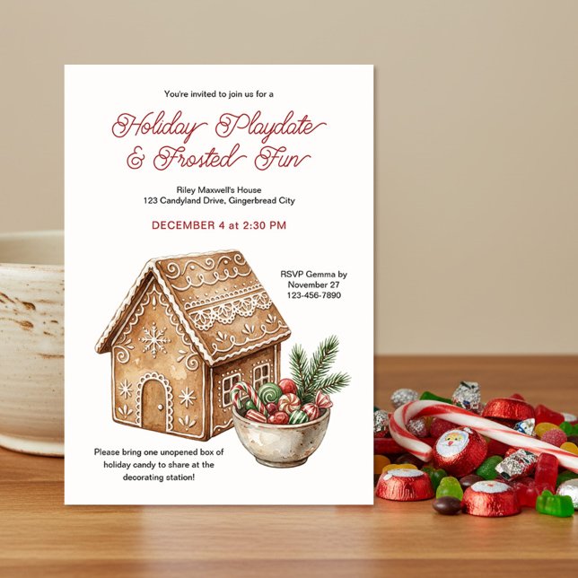 Rustic Holiday Gingerbread Decorating Playdate Invitation (Kids fun gingerbread decorating party invitation by Darling & May - printed or digital download)
