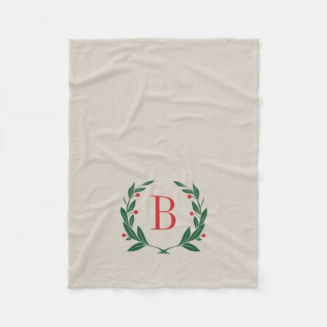 Rustic Holiday Laurel Wreath Monogram Fleece Blanket (Front)
