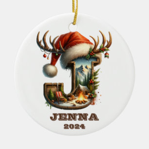 Rustic Holiday Letter J with Winter Camping Scene Ceramic Ornament