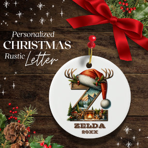 Rustic Holiday Letter Z Custom Name & Year Ceramic Ornament