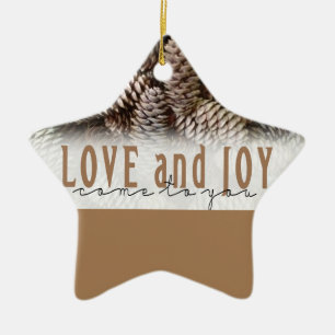 Rustic Holiday Love and Joy Pine Cone Ceramic Tree Decoration