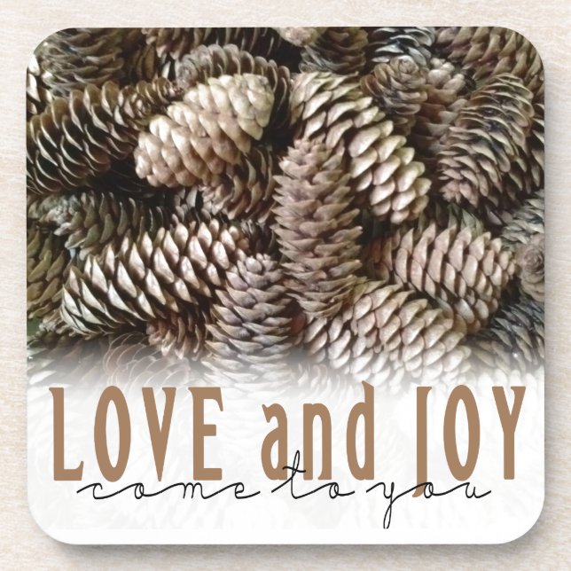 Rustic Holiday Love and Joy Pine Cone Coaster (Front)
