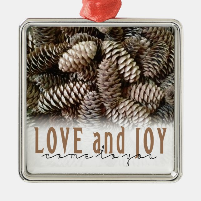 Rustic Holiday Love and Joy Pine Cone Metal Tree Decoration (Front)
