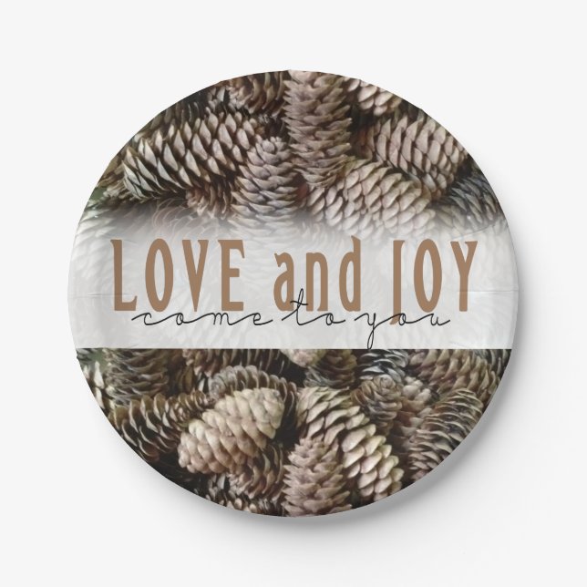 Rustic Holiday Love and Joy Pine Cone Paper Plate (Front)