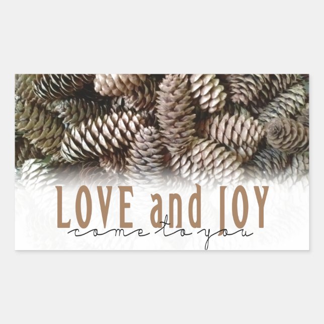 Rustic Holiday Love and Joy Pine Cone Rectangular Sticker (Front)