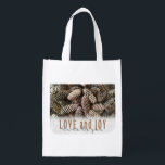 Rustic Holiday Love and Joy Pine Cone Reusable Grocery Bag<br><div class="desc">Festive,  rustic pine cones accentuate this classic,  elegant design wishing holiday Love and Joy.</div>