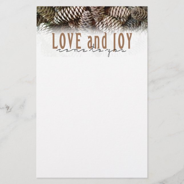 Rustic Holiday Love and Joy Pine Cone Stationery (Front)