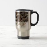 Rustic Holiday Love and Joy Pine Cone Travel Mug<br><div class="desc">Festive,  rustic pine cones accentuate this classic,  elegant design wishing holiday Love and Joy.</div>