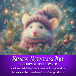 Rustic Holiday Mouse in Winter Hat Decoupage Tissue Paper