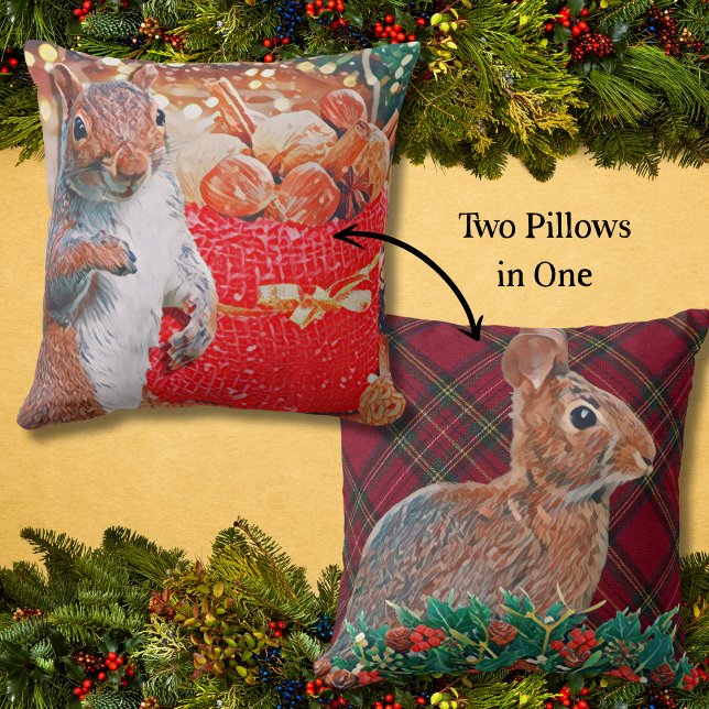 Rustic Holiday Rabbit and Squirrel Double-Sided Cushion (With a squirrel on one side and a rabbit on the other, this Christmas accent pillow is versatile.)