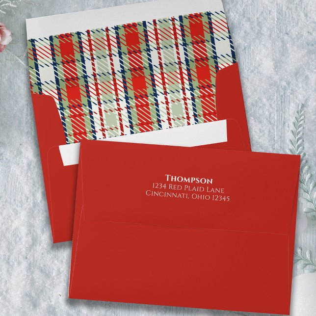 Rustic Holiday Red and Green Plaid Custom Envelope (Classic red, green, and white plaid pattern with return address printed on the back flap.)