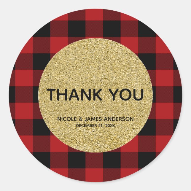 Rustic Holiday Red Buffalo Plaid Gold Glitter Classic Round Sticker (Front)