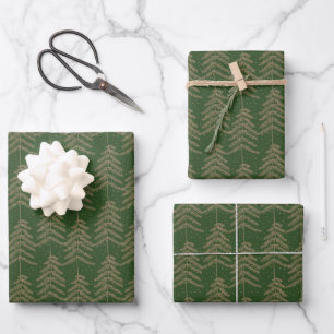 Rustic Holiday Tree Pattern Green Golden Brown Wrapping Paper Sheet