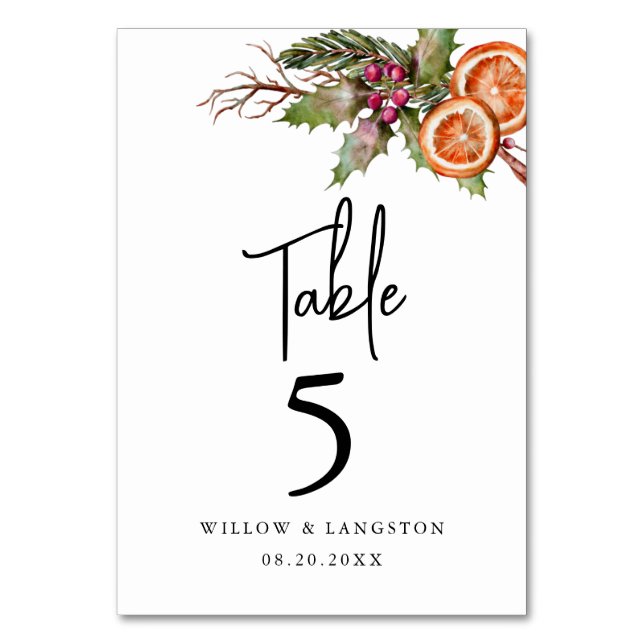 Rustic Holiday Wedding Table Number (Front)