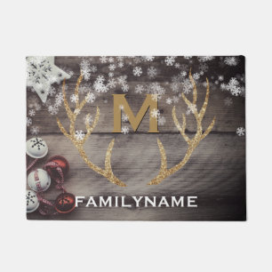 Rustic Holiday Winter Snowflakes Antlers Monogram Doormat