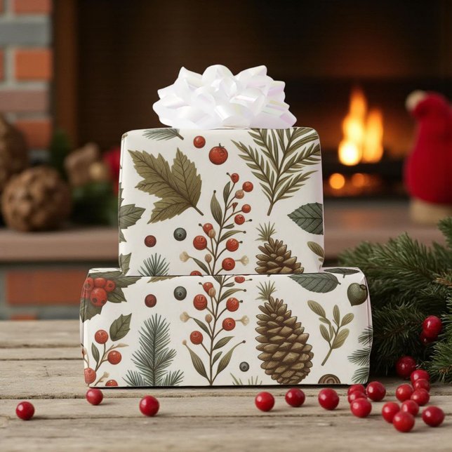 Rustic Holiday Woodland Pinecone Floral  Wrapping Paper (Creator Uploaded)
