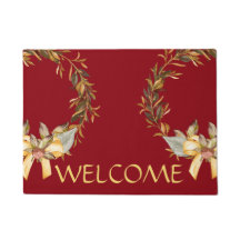 Rustic Holiday Wreath Door Mat, Red
