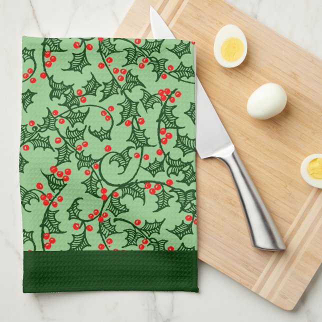Rustic Holly and Berry Holiday Pattern on Green Tea Towel (Quarter Fold)