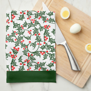 Rustic Holly and Berry Holiday Pattern on Green Tea Towel