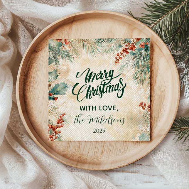 Rustic Holly and Pine Christmas Napkin (Creator Uploaded)