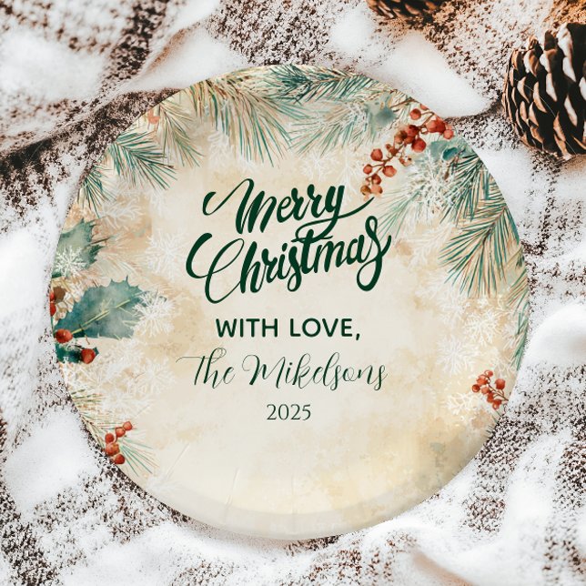 Rustic Holly and Pine Christmas Paper Plate (Creator Uploaded)