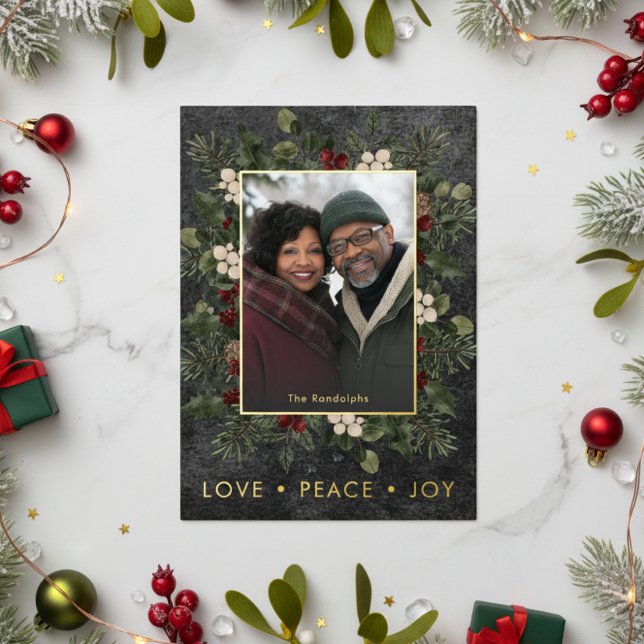 Rustic Holly Berries Black Christmas Love Peace Foil Holiday Card (Creator Uploaded)