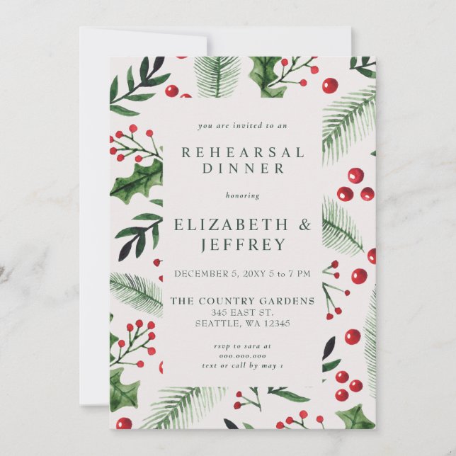 Rustic Holly Berries Christmas Rehearsal Dinner Invitation (Front)