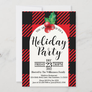 Rustic Holly Berries Watercolor Plaid Holiday Invitation