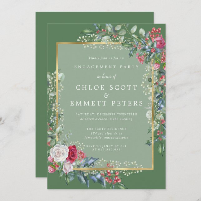 Rustic Holly Berries Winter Engagement Party Invitation (Front/Back)