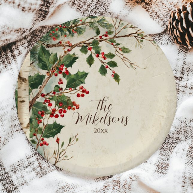 Rustic Holly Berry Christmas Party Paper Plate (Creator Uploaded)