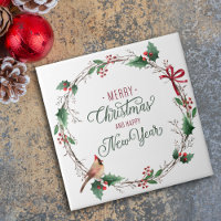 Rustic Holly Berry Wreath with Bird Holiday