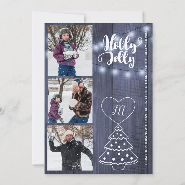 Rustic Holly Jolly 3 photos collage blue barn wood Holiday Card (Front)