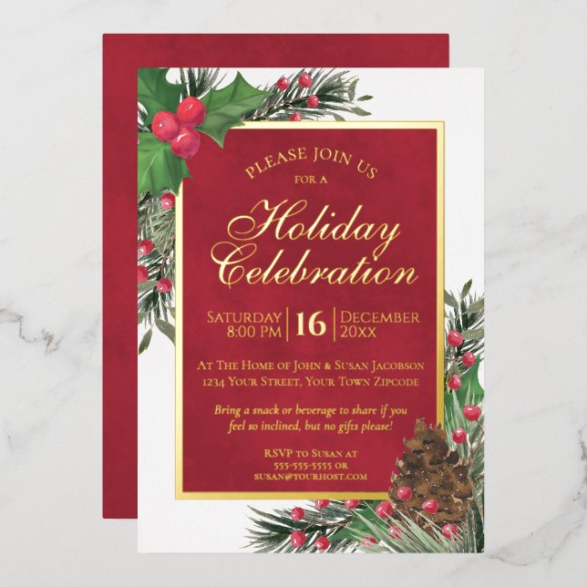 Rustic Holly & Pine Elegant Holiday Party (Front/Back)