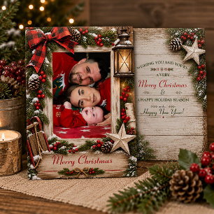 Rustic Holly Pine Family Photo Christmas   Holiday Card