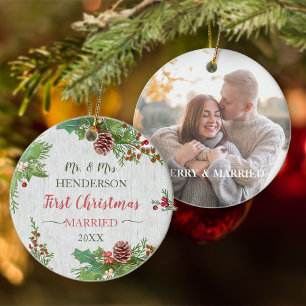 Rustic Holly Pine Newlyweds 2-sided Custom Photo Ceramic Ornament