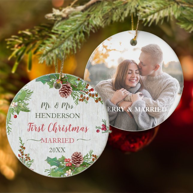 Rustic Holly Pine Newlyweds 2-sided Custom Photo Ornament (Creator Uploaded)