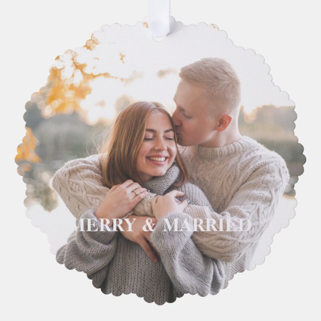 Rustic Holly Pine Newlyweds 2-sided Custom Photo Tree Decoration Card (Front)