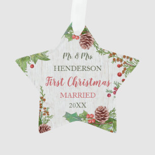 Rustic Holly Pine Newlyweds Milestone Custom Photo Ornament