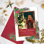 Rustic Holly & Pine with Photo Merry Christmas Holiday Card<br><div class="desc">These beautiful holiday cards are the perfect way to wish your friends and family a Merry Christmas. They feature a rustic and festive design with a marbled crimson red background and your photo in a golden faux foil frame surrounded by hand painted sprigs of holly leaves, berries and pine branches....</div>