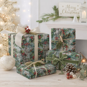 Rustic Holly Stone Wall Christmas Holiday Wrapping Paper Sheet