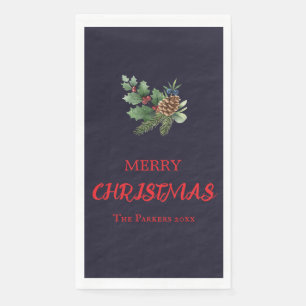 Rustic holly with red berries and pine cone napkin