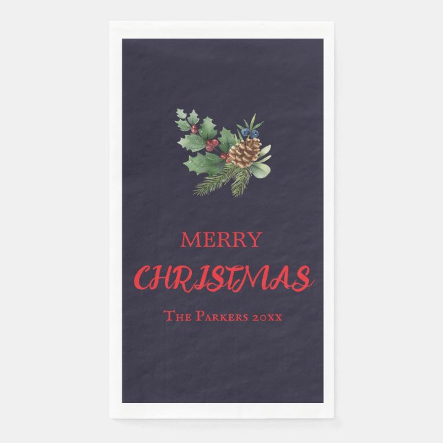 Rustic holly with red berries and pine cone napkin (Front)