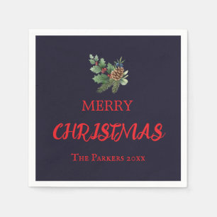 Rustic holly with red berries and pine cone napkin