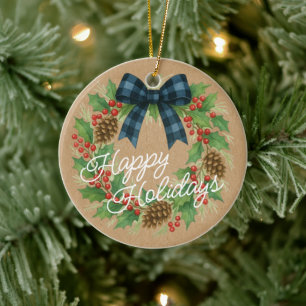 Rustic Holly Wreath Blue Black Checkered Bow Ceramic Ornament