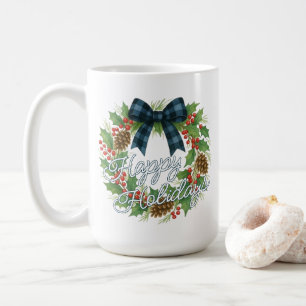 Rustic Holly Wreath Blue Black Checkered Bow Coffee Mug
