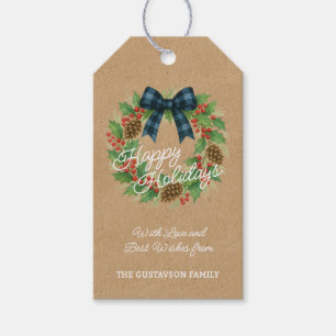 Rustic Holly Wreath Blue Black Checkered Bow Gift Tags