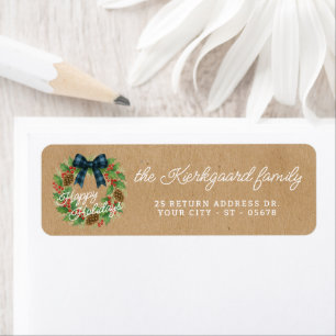 Rustic Holly Wreath Blue Black Checkered Bow Return Address Label