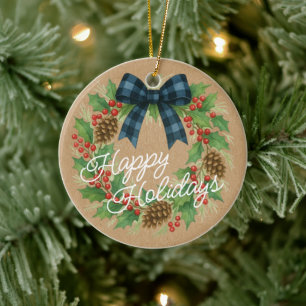 Rustic Holly Wreath Blue Black Chequered Bow Ceramic Ornament