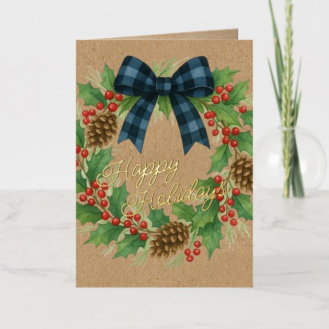Rustic Holly Wreath Blue Black Chequered Bow Foil Holiday Card (Front)