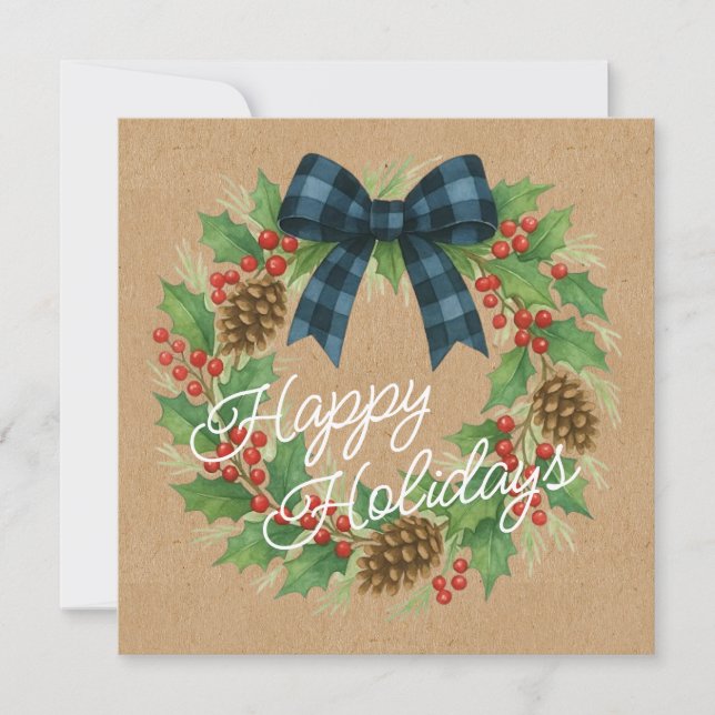 Rustic Holly Wreath Blue Black Chequered Bow Holiday Card (Front)